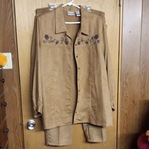 Women’s Tan Suede-Effect Embroidered Pantsuit